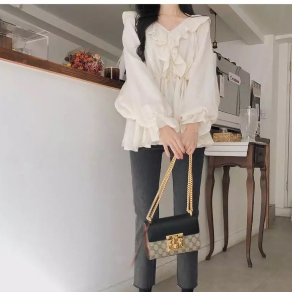 Ruffle blouse top long sleeve lightweight Summer spring top cream - Picture 3 of 3